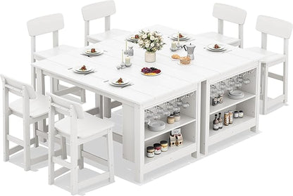 SERWALL 8-Piece HDPE Counter Height Dining Table Sets with Storage and Wine Rack, 2 Rectangular Bar Table with Bar Stools Set of 6 for Garden, Backyard, Kitchen, White