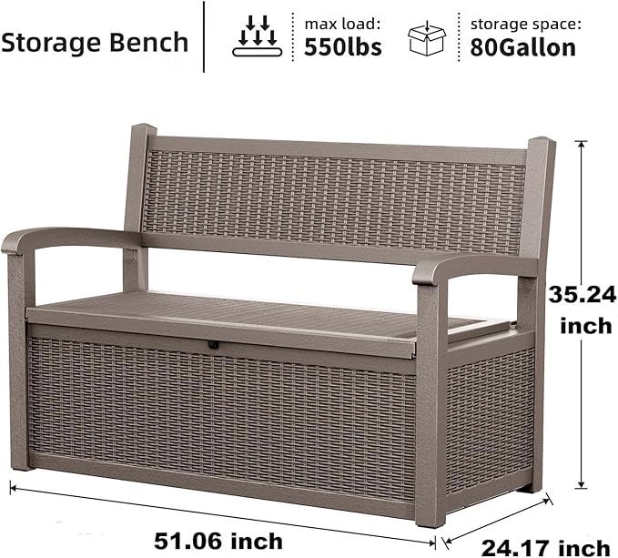 Storage Bench 80 Gallon Resin Deck Box, Gray, Lock-Ready