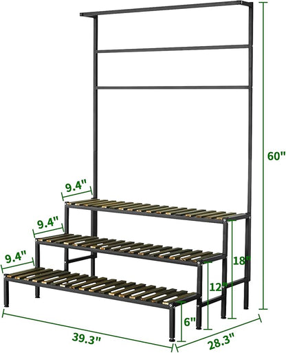 Large Plant Stand Indoor Outdoor, 3 Tier Heavy Duty Hanging Plant Stand with Bar, 60 Inch Tall Metal & Wood Ladder Shape Plant Shelf, Black Plant Display Rack Plant Shelves for Garden Patio Balcony