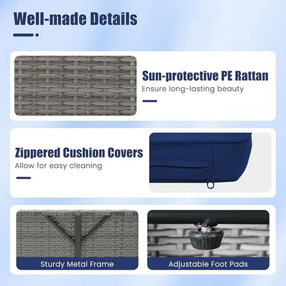 LDAILY Moccha Outdoor Daybed, Wicker Loveseat Sofa Set with 4-Postion Adjustable Backrest, Storage Ottoman, Cushions, Rattan Double Bed Lounger, Patio Furniture Set (Mixed Gray+Navy)