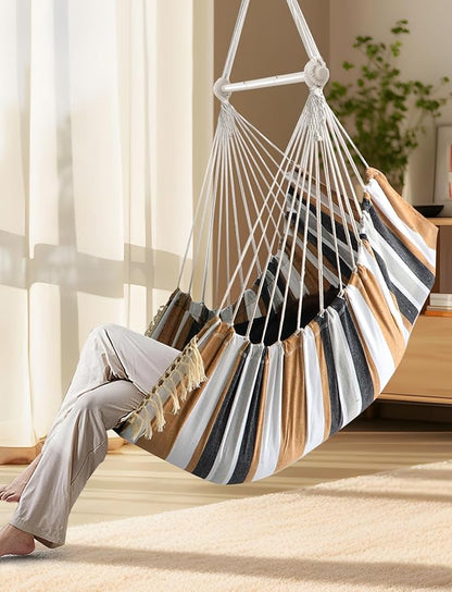 Chihee Hammock Chair Hanging Swing Max 500 Lbs 2 Cushions Included Metal Spreader Bar with Anti-Slip Grooves Portable Hanging Chair Side Pocket Large Macrame Bohemian Chair Indoor Outdoor