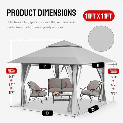 CROWN SHADES 11X11 Outdoor Pop Up Gazebo Base 10X10 Patio Gazebos Patented Center Lock Quick Setup Newly Designed Storage Bag Instant Canopy Tent with Mosquito Nettings (11x11, Gray)