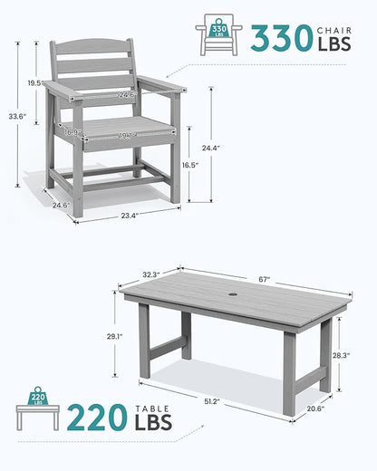 SERWALL 67" Outdoor Dining Table - HDPE All-Weather Rectangular Patio Table with Umbrella Hole, Light Gray