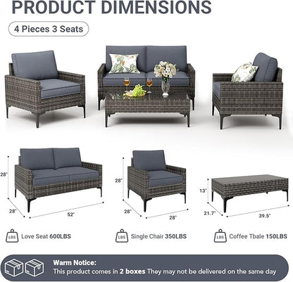 Jing's Villa 4-Piece Outdoor Sectional Sofa Set, All-Weather Wicker Patio Furniture with L/R Armrest & Tempered Glass Table, Comfortable Garden Conversation Set for Backyard, Poolside, Deck,Grey