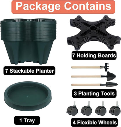 GameXcel Vertical Planter 7 Tier Stackable Planters Garden Planters Strawberry Herb Flower and Vegetable Planter Indoor Outdoor Gardening Pots with Removable Wheels and Tools - Green