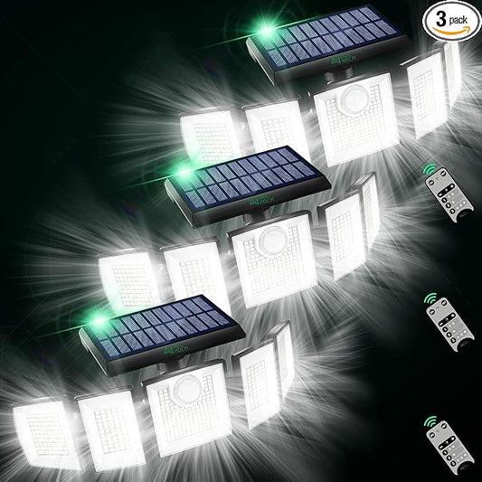 Solar Lights Outdoor Waterproof Motion Sensor - 416 LEDs 3000 Lumens Super Bright 3 Brightness 3 Modes 2400mAh 360° Illumination 32ft Solar Flood Security Light for Outside (‎With Remote Control, 3)