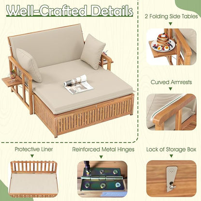 Tangkula Outdoor Acacia Wood Daybed with Storage Ottoman, Wood Patio Loveseat Sofa with 4-Level Backrest & Removable Cushions, 2 Folding Side Tables, Patio Recliner Lounger for Poolside, Backyard