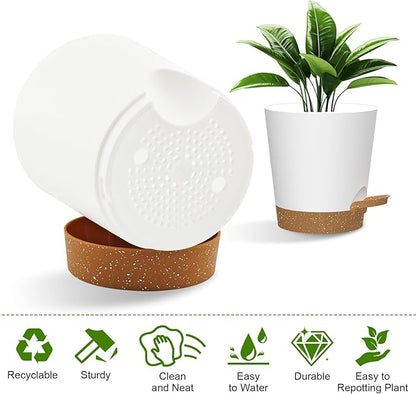 Self Watering Pots, 7/6.5/6/5.5/5/4 inch Flower Pots with Multi Mesh Drainage Holes, Small Platic Planters for Indoor Outdoor Garden Plants and Flowers (Whtie with Brown Tray, 7"+6.5"+6"+5.5"+5"+4")