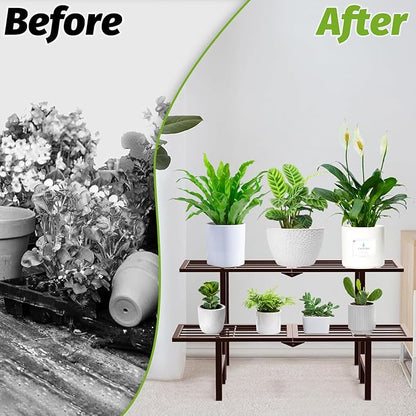 2 Tier Plant Stand Indoor Outdoor, Foldable Metal Separated Ladder Plant Stands, Plant Shelf Multiple Flower Pot Holder Display Shelving for Garden Living Room Patio,Brown