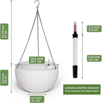 Dexceder 10.5 Inch Large Self Watering Hanging Planters Indoor Outdoor, Thickened Hanging Basket Flower Plant Pot with Water Level Indicator (White)