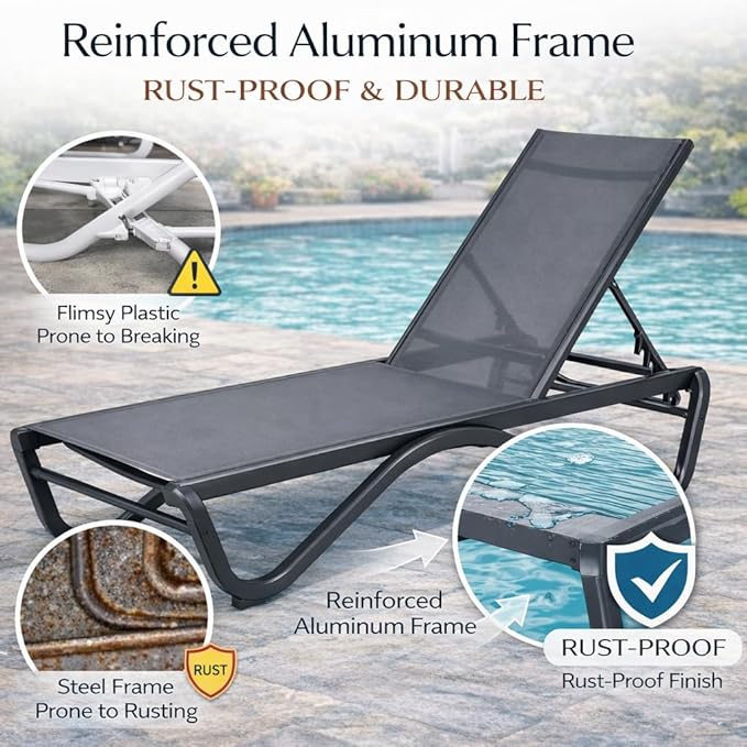 Kozyard Outdoor Chaise Lounge Chair, Full Flat Adjustable Patio Lounger with Aluminum Frame & Resin Legs, Textilene Fabric for Poolside, Backyard & Beach (Gray, Chair)