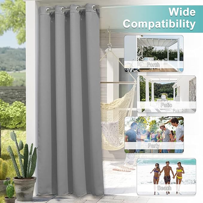 NICETOWN Blackout Outdoor Curtain for Patio Waterproof, Thermal Insulated Rustproof Grommet Privacy Indoor Outdoor Living Divider Curtain/Drape for Gazebo, Silver Grey, 1 Panel, 100" W by 108" L