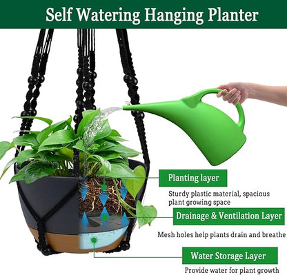 2 Pack Hanging Planters Set,10 Inch Indoor Outdoor Hanging Plant Pot Basket,Hanging Flower Pot with Drainage Hole with 3 Hooks for Garden Home… (Black Hanger Black Planters)