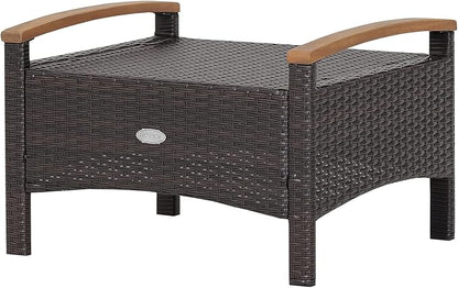 Tangkula 2 Piece Patio Rattan Ottomans, Outdoor Wicker Footstool w/Acacia Wood Handles, Soft Zippered Cushions, 3-in-1 Function Footstool Seat & Side Table for Backyard, Balcony, Poolside (Off White)