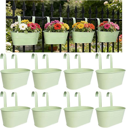 Balcony Hanging Planters Flower Pots, 10" Metal Flower Pots for Outdoor Balcony Rails, Fence Pot Hanging Plant Holders with Detachable Hooks for Garden Patio Yard Decor (Mint Green, 8Pcs)