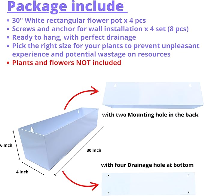 LaLaGreen Wall Planter (30 Inch, 4 Pack) White Carbon Steel Metal Hanging Flower Pots, Long Rectangular Wall Mount Window Box Planters for Outdoor Plants, Succulents, Fence, Deck Home Garden Decor