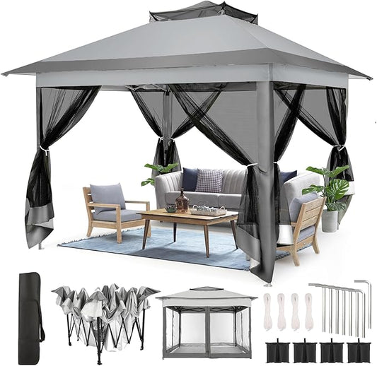 COBIZI 11x11 Pop Up Gazebo Canopy Tent Easy Up Outdoor Gazebo Waterproof Upgrade Portable Gazebo with Mosquito Nettings, Double Vented Roof and Carry Bag for Patio Garden Lawn(Gray)