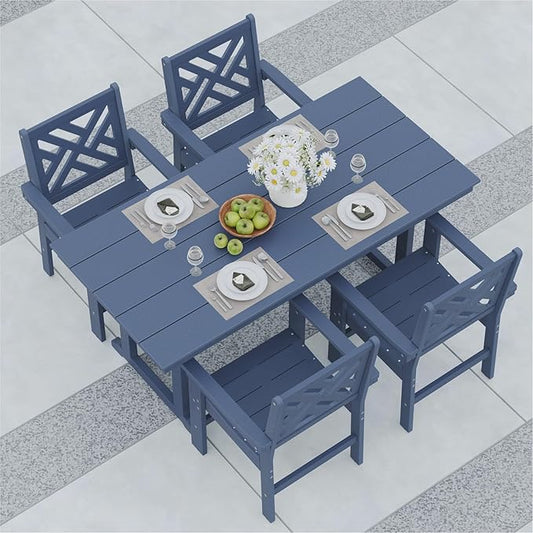 5-Piece Outdoor Dining Set, HDPE All-Weather Patio Table and Chairs Set for 4, Outdoor Patio Furniture Sets with Umbrella Hole for Outside, Deck, Backyard, Garden (Navy Blue)