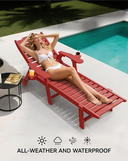 Carauci Lounge Chair Outdoor Set of 2, HDPE Chaise Lounge with Wheels, 5-Position Adjustable Backrest & 2 Cup Holders Patio Lounge Chair, All-Weather Pool Sun Lounger for Poolside, Backyard, Red