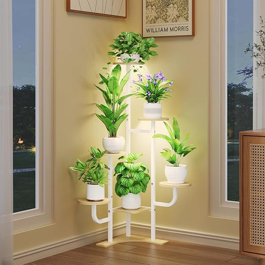 Corner Plant Stand with Grow Light - 6 Tier Plant Stand Indoor Round Metal Plant Shelf with Adjustable Light, Plant Organizer for Living Room, Graden, Home Decor (Maple)