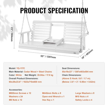 VEVOR Wooden Porch Swing 5 ft, Patio Bench Swing for Courtyard & Garden, Upgraded 880 lbs Strong Load Capacity, Heavy Duty Swing Chair Bench with Hanging Chains for Outdoors, White