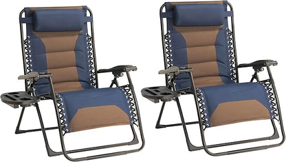 Zero Gravity Chair Set of 2 Oversized Padded Recliner with Adjustable Headrest & Cup Holder - 600D Oxford Folding Lounge Chair for Outdoor Camping, Patio, Poolside (Brown & Blue)