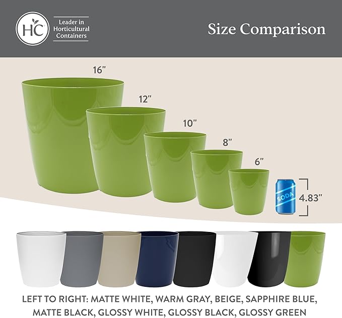 The HC Companies Aria Round Self-Watering Pot - Lightweight Plastic Planter for Herbs & More - Durable Plant Pots for Indoor Plants & Outdoor Plants (8" Glossy Black, Pack of 1)