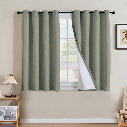 H.VERSAILTEX Linen Curtains 100% Blackout Curtains for Bedroom 45 inch Long Full Light Blocking Nature Linen Blended Window Curtains for Living Room Nickel Grommet (2 Panels, Heathered Dried Sage)
