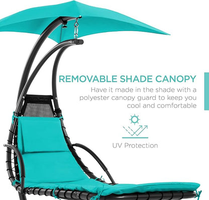 Best Choice Products Outdoor Hanging Curved Steel Chaise Lounge Chair Swing w/Built-in Pillow and Removable Canopy - Teal
