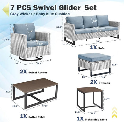 Belord 7 Piece Outdoor Furniture Patio Wicker Sofa Set, Oversize Outdoor Swivel Rocker Chairs with Rattan Ottomans, Conversation Sets Patio Furniture Come with Removable Cushion Baby Blue, Light Grey