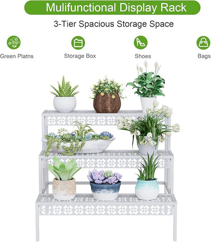 Garden 4 you 3 Tiers Metal Plant Stand,Rectangular Ladder Flower Pots Outdoor Plant Rack, Indoor Plant Display Rack, Heavy Duty Utility Storage Organizer for Home Garden Patio Balcony, Stair Style(White)