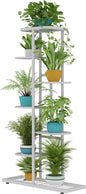 LINZINAR Plant Stand Metal 7 Tier 8 Potted Multiple Flower Pot Holder Shelf Indoor Outdoor Planter Display Shelving Unit for Patio Garden Corner Balcony Living Room, White