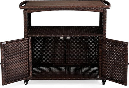 VINGLI Wicker Outdoor Bar Cart with Storage & Rolling Wheels, Patio Bar Table w/Shelf, Outdoor Storage Cabinet Buffet Cabinet Grill Cart for BBQ Pool Patio Kitchen, Brown