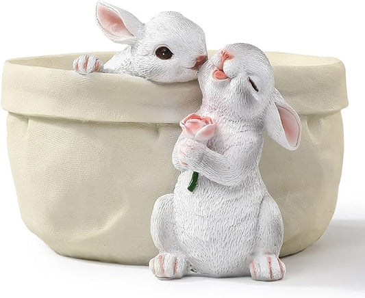 Rabbit Flower Pot Succulent Planter Garden Pots, Bunny Decorative Flower Pot,Animal Shaped Cartoon Planter Pots, Art Decorations for Mom Women （Flower with Drainage Hole）