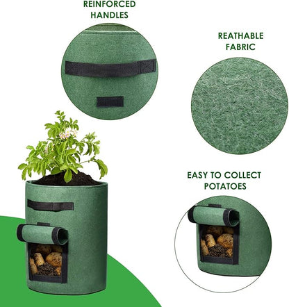 Delxo 10 Pack 10 Gallon Potato Grow Bags,Grow Bags for Vegetable with Window, Double Layer Premium Breathable Nonwoven Cloth for Potato/Plant Container/Aeration Fabric Pots with Handles in Green