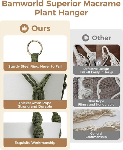 Bamworld Macrame Plant Hanger Indoor Hanging Planter for Plants Hanging Plant Basket Macrame Wall Hanging Planters Boho Decor Home Room Decor Aesthetic 36 Inches Natural Green, Set of 2