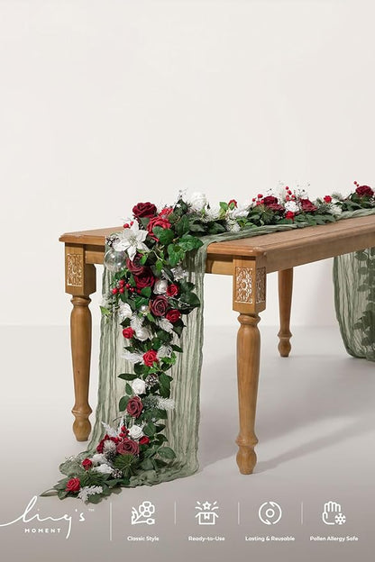 Artificial Flower Garland, Red Eucalyptus and Willow Leaf 6 Ft Table Runner