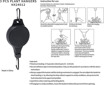3Pack Retractable Plant Hanger Pulley System with Adjustable Rope Clips-Heavy-Duty for Indoor & Sheltered Outdoor Use(Max 15kg)