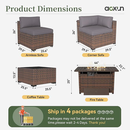 Aoxun 12 Piece Patio Furniture Set with 44” Fire Pit Table Wicker Rattan Outdoor Sectional Sofa Set with Coffee Table and Thickened Cushions, Grey (Waterproof Cover Included)