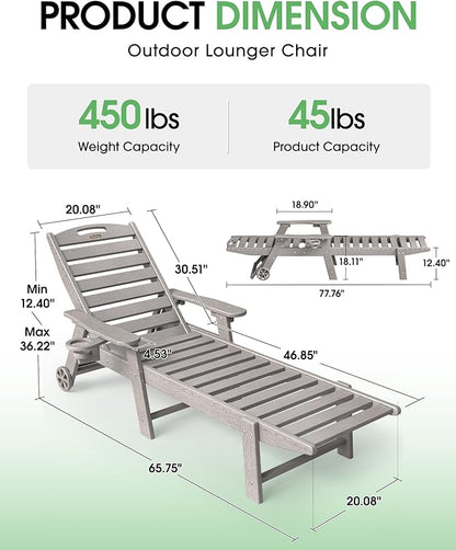 Chaise Lounge Outdoor, Lounge Chair Outdoor with Wood Texture, Adjustable 5-Position Backrest, HDPE Lounge Chair with Wheels & Cup Holder for Pool Deck Backyard, Light Grey