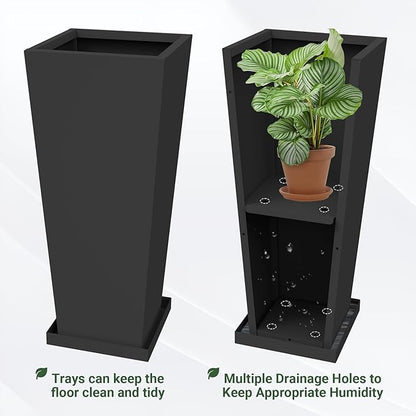 Tall Planters 30" H - 2 Pack, Tapered Pots with Drainage Insert Shelve & Trays, Metal Outdoor Planter Box for Porch, Garden, Patio, Yard (Black)
