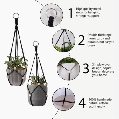 Artilady Black Hanging Planter for Indoor Plants Macrame Plant Hanger Large Hanging Plant Holder Basket with Adjustable Beads Outdoor Window Boho Plant Wall Decor (Black Bead-2pcs)