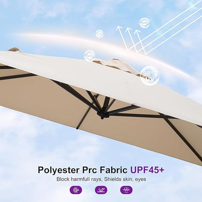 PURPLE LEAF 8' X 8' Patio Umbrella with Wheeled Base for Pool 7' High Offset Outdoor Cantilever Umbrella Swimming Pool Umbrella with 360°Rotation for Poolside Beige