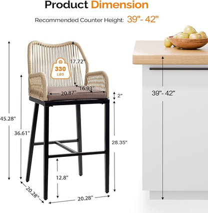 VINGLI Outdoor Bar Stools Set of 2, Heavy-Duty Outdoor Barstools Boho Woven Patio Bar Stools with Backrest, Patio Garden Balcony Pool Bar Chairs with Cushions (Apricot)