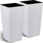 Worth Garden 22" Tall Planters Set of 2 - Plastic White Square Plant Pots with Drainage Hole - Modern Large Tapered Matte Wavy Tree Flower Pot for Indoor Outdoor Porch Deck
