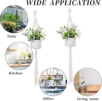 Sliverdew Macrame Plant Hanger, 2 Pack Boho Hanging Planters Baskets with Hooks, Crochet Braided Cotton Rope Flower Pot Holder for Indoor Outdoor Home Decor, No Tassels, Ivory, 20 Inches