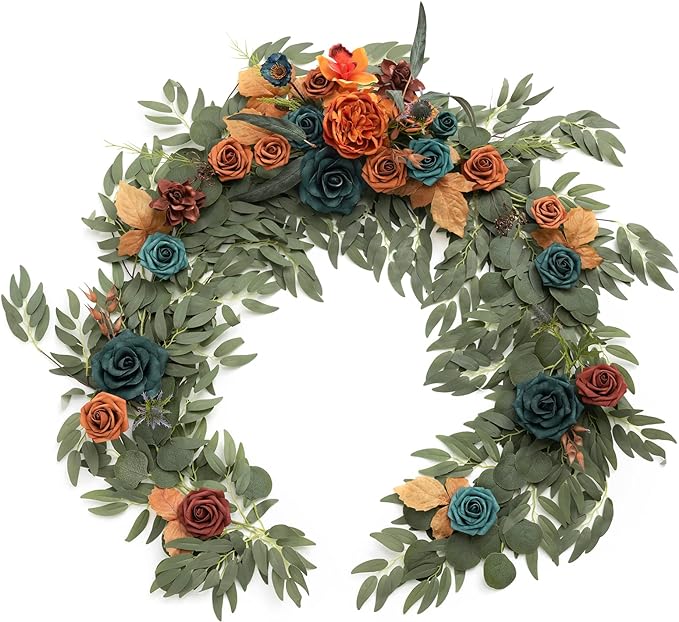 Artificial Flower Garland 6 Ft Eucalyptus and Rose, Dark Teal & Burnt Orange