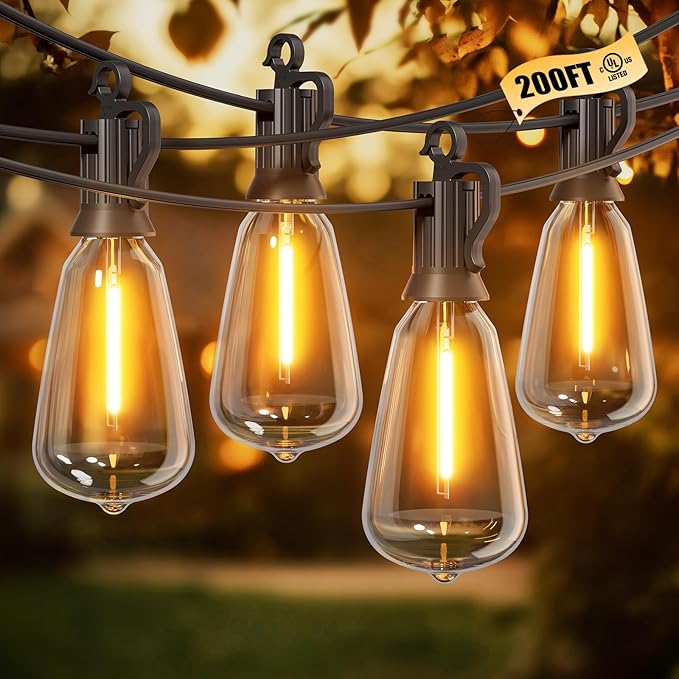 String Lights, 200 FT Black Patio Strand with 64 Warm White ST38 Bulbs