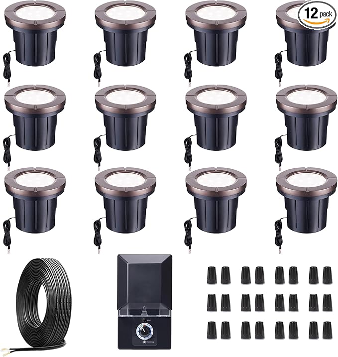 Ground Well Lights Kit, 12 Pack Landscape LED Low Voltage Inground Light and 200W Transformer and 250FT Cable and 40 Wire Connectors, Outdoor Waterproof IP67 Aluminum for Backyard Wall Lawn