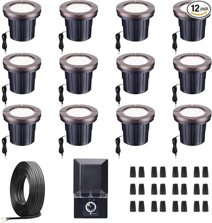 Ground Well Lights Kit, 12 Pack Landscape LED Low Voltage Inground Light and 200W Transformer and 250FT Cable and 40 Wire Connectors, Outdoor Waterproof IP67 Aluminum for Backyard Wall Lawn
